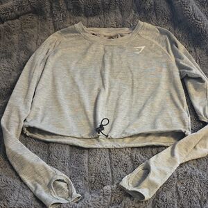 Gymshark Light Gray Cropped Drawstring Sweatshirt with Thumbholes